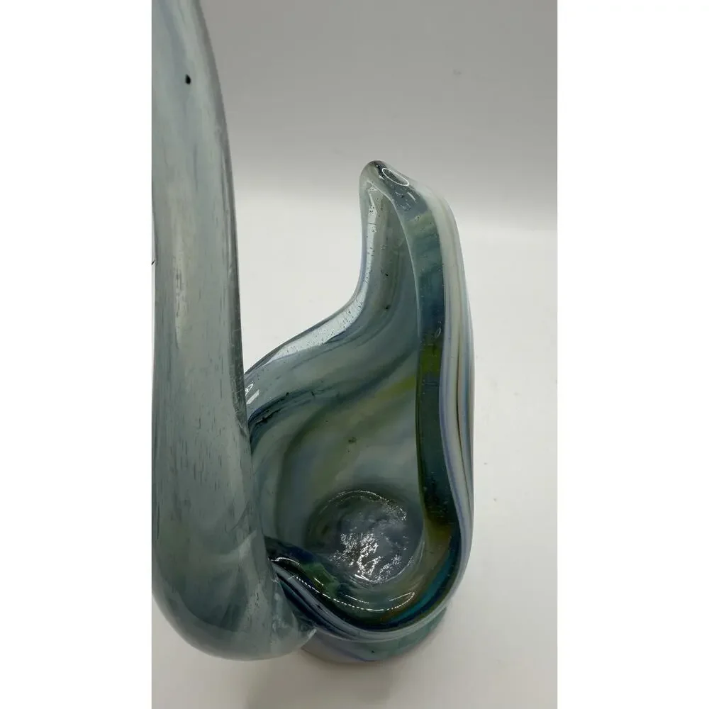Vintage Hand Blown Art Glass Swan Vase Blue Slag Swirl MCM 10.5”